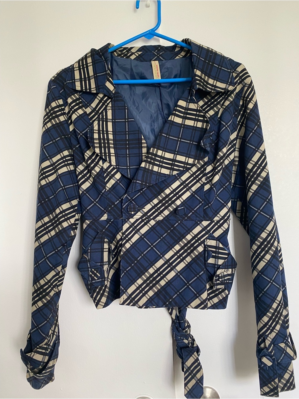 Vero Moda Blue Plaid Cropped Trench Jacket